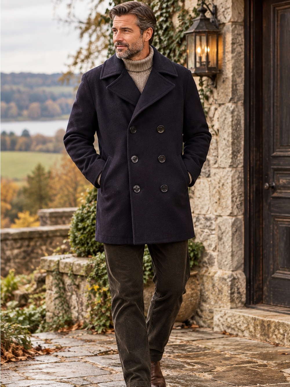 Lands’ End Navy M 38 40 Wool Blend Peacoat Houndstooth Old Money English Country